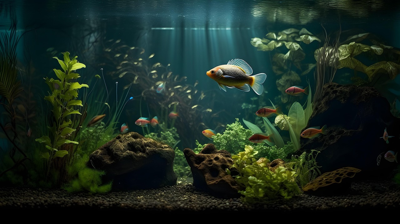 Acquario decorato con piante e pesci colorati, esempio di design per un acquario a quadro.